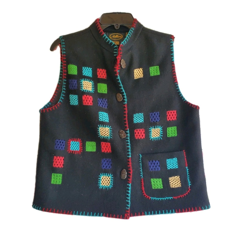 Vintage Allure Black Wool Blend Patchwork Vest Missy‎ Medium M Tribal Buttons